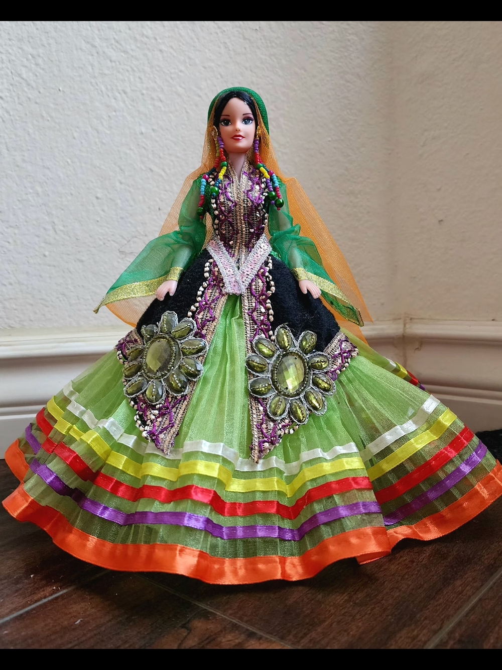 Green Multicolor Embellished Traditional Doll Dress